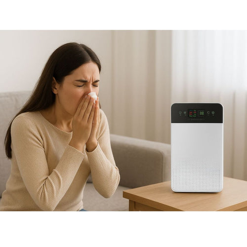 DreamerHaven HEPA air purifier helping woman with allergies in living room