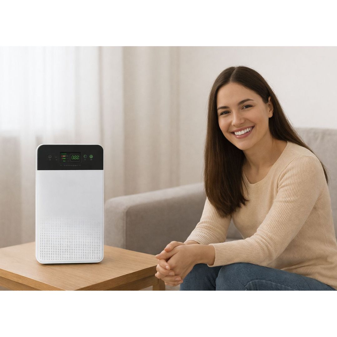 Happy customer relaxing at home with white HEPA air purifier on coffee table for clean air and allergy relief in living room