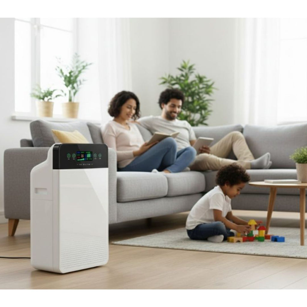 Young family with child playing safely in modern living room with white HEPA air purifier for clean air and healthy home environment