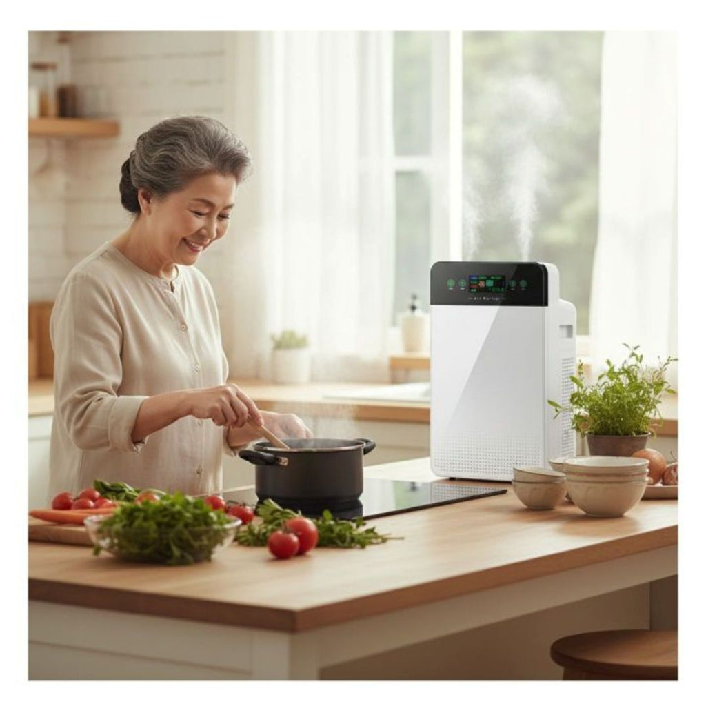 Woman cooking healthy meal in bright kitchen with white HEPA air purifier removing cooking odors and smoke for fresh indoor air quality