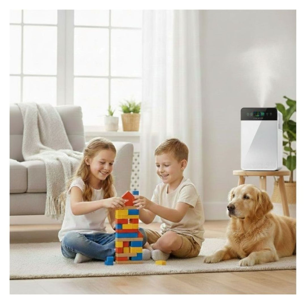 Children and pet dog playing safely in living room with white HEPA air purifier removing pet dander and allergens for clean air
