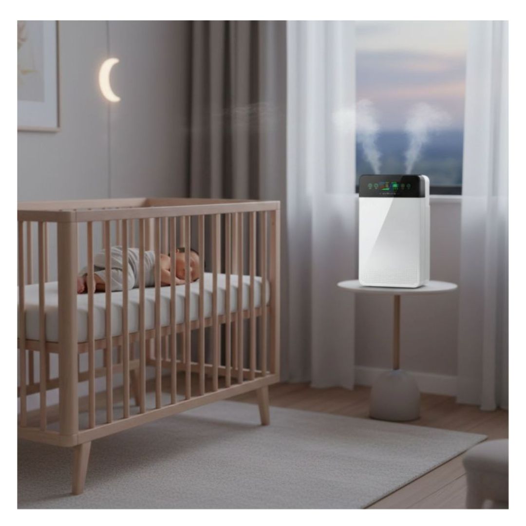 Peaceful baby nursery with crib and white HEPA air purifier for safe sleep and clean air quality for newborns and infants