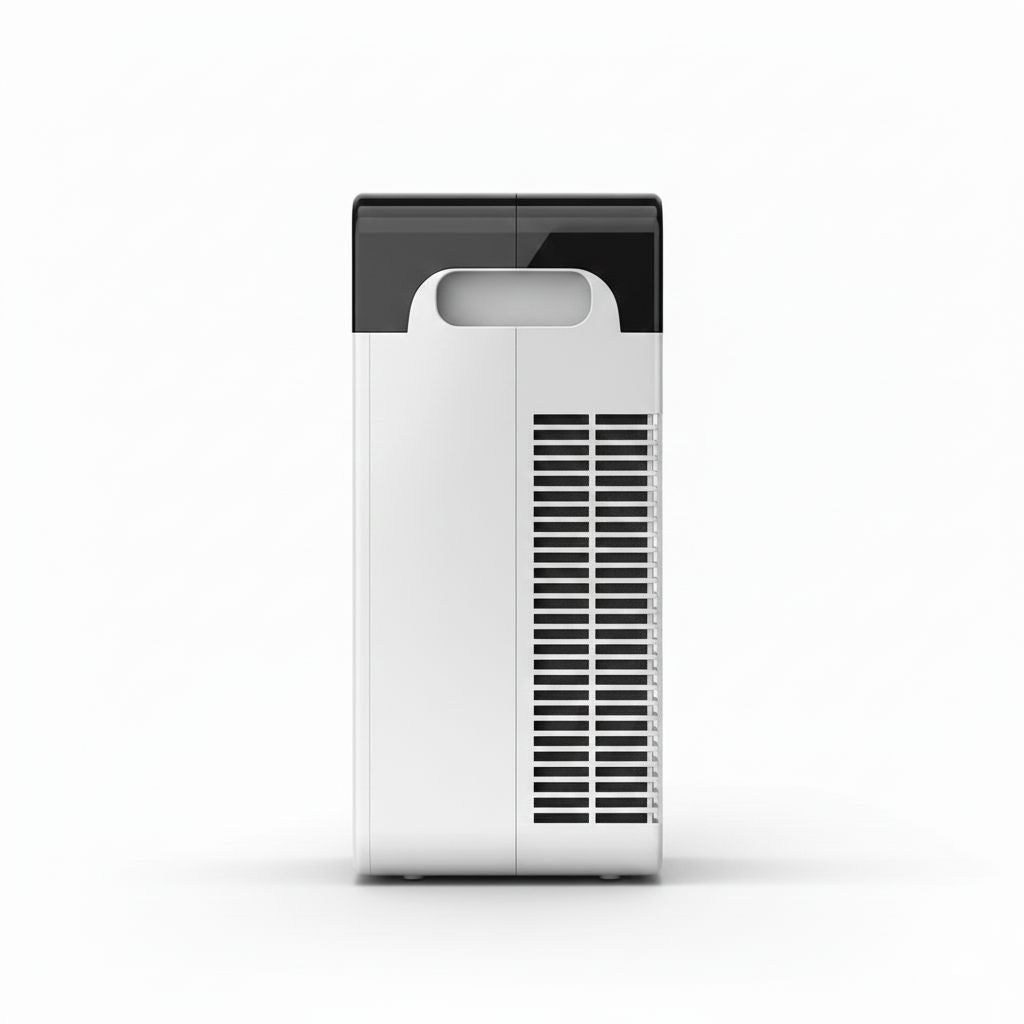 Rear view of DreamerHaven HEPA-13 White and black Air Purifier showing the air intake grill and WhisperDrive™ brushless motor housing for quiet bedroom operation.