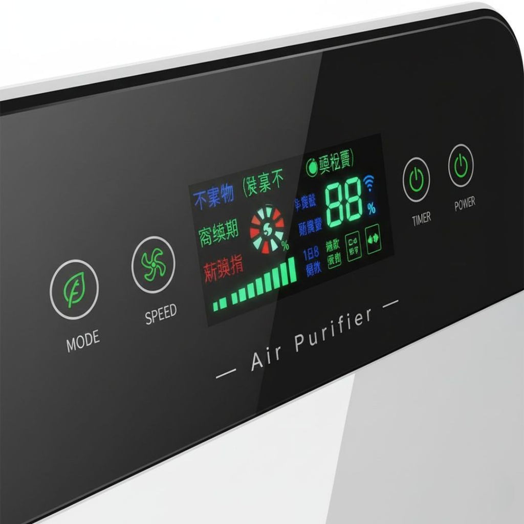 DreamerHaven air purifier digital control panel showing PM2.5 air quality display mode speed settings and touch buttons for easy operation