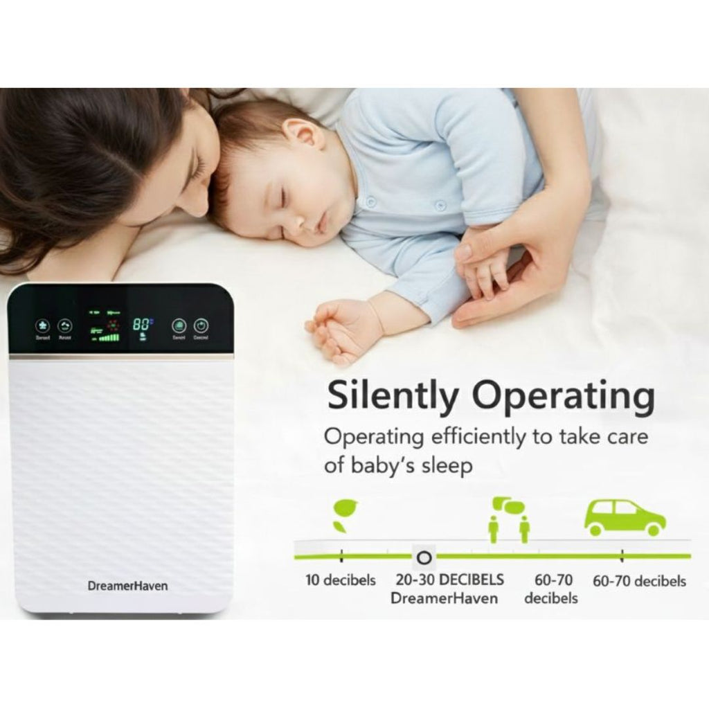 DreamerHaven ultra-quiet HEPA air purifier operating silently at 10-20 decibels for peaceful baby sleep with white noise feature and sleep mode