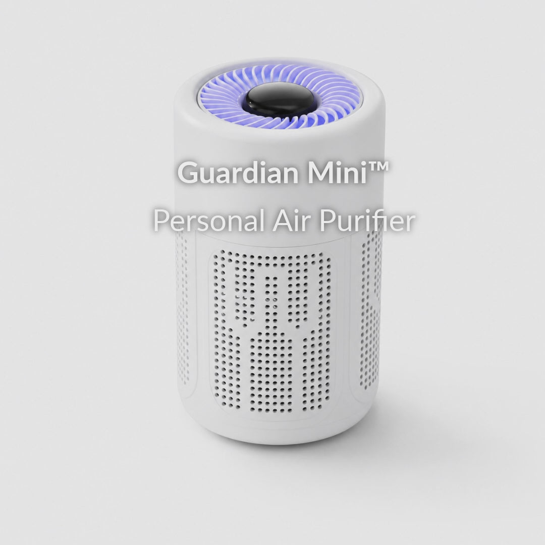 Product features video showcasing the DreamerHaven Guardian Mini™ personal air purifier, including USB power, air intake, clean air output, advanced multi-stage filtration, and compact portable design.