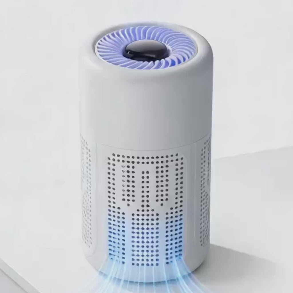 Guardian Mini USB Air Purifier – How It Works video. 20-second cinematic product explainer showing 360-degree rotation, blue indicator light, top air outlet and premium grille design. USB powered, quiet operation, compact air purifier.