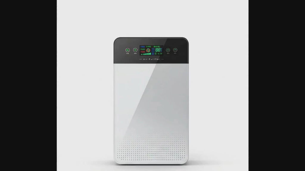 Action demonstration of the DreamerHaven HEPA-13 filter capturing smoke and airborne pollutants, showing rapid air purification and real-time air quality sensor updates.