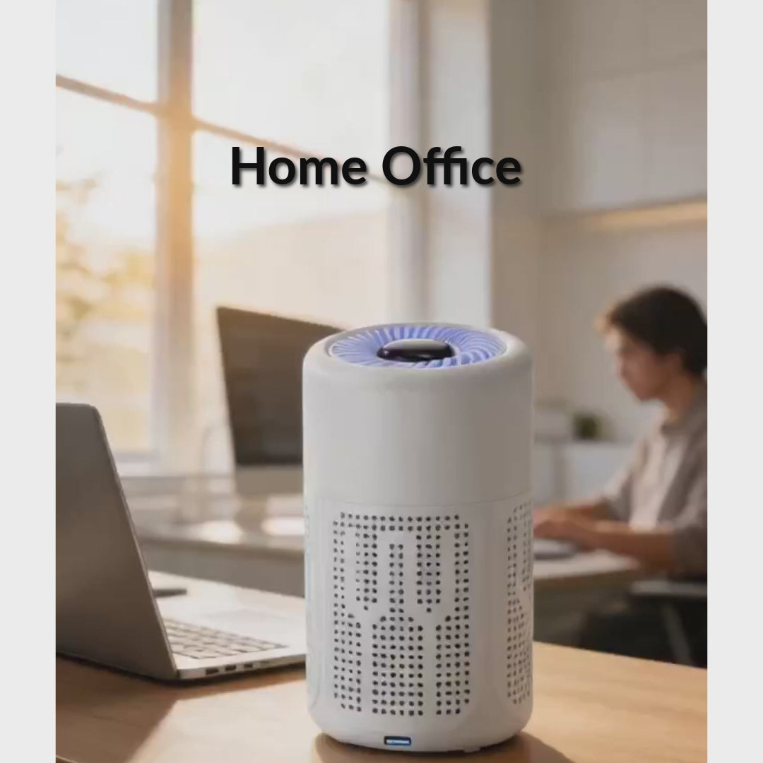 Guardian Mini USB Air Purifier – Where To Use video. Lifestyle scenes showing the purifier in use at Home Office, Bedroom, Kids Room, Kitchen, Living Room and Study. USB powered, quiet operation, compact design.