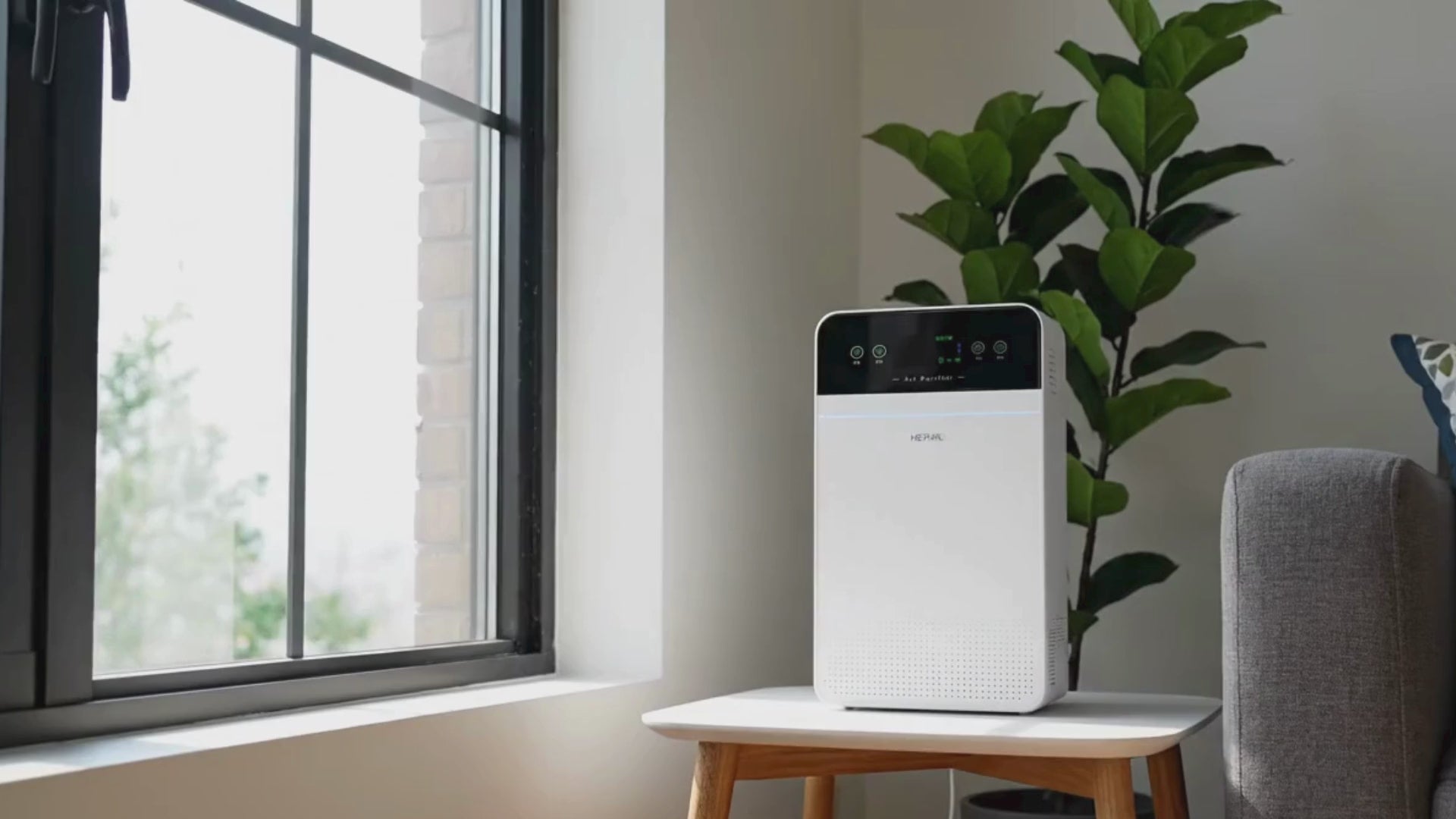 DreamerHaven HEPA-13 air purifier in a modern living room setting, demonstrating whisper-quiet operation and rapid smoke removal for a healthy, dust-free home environment