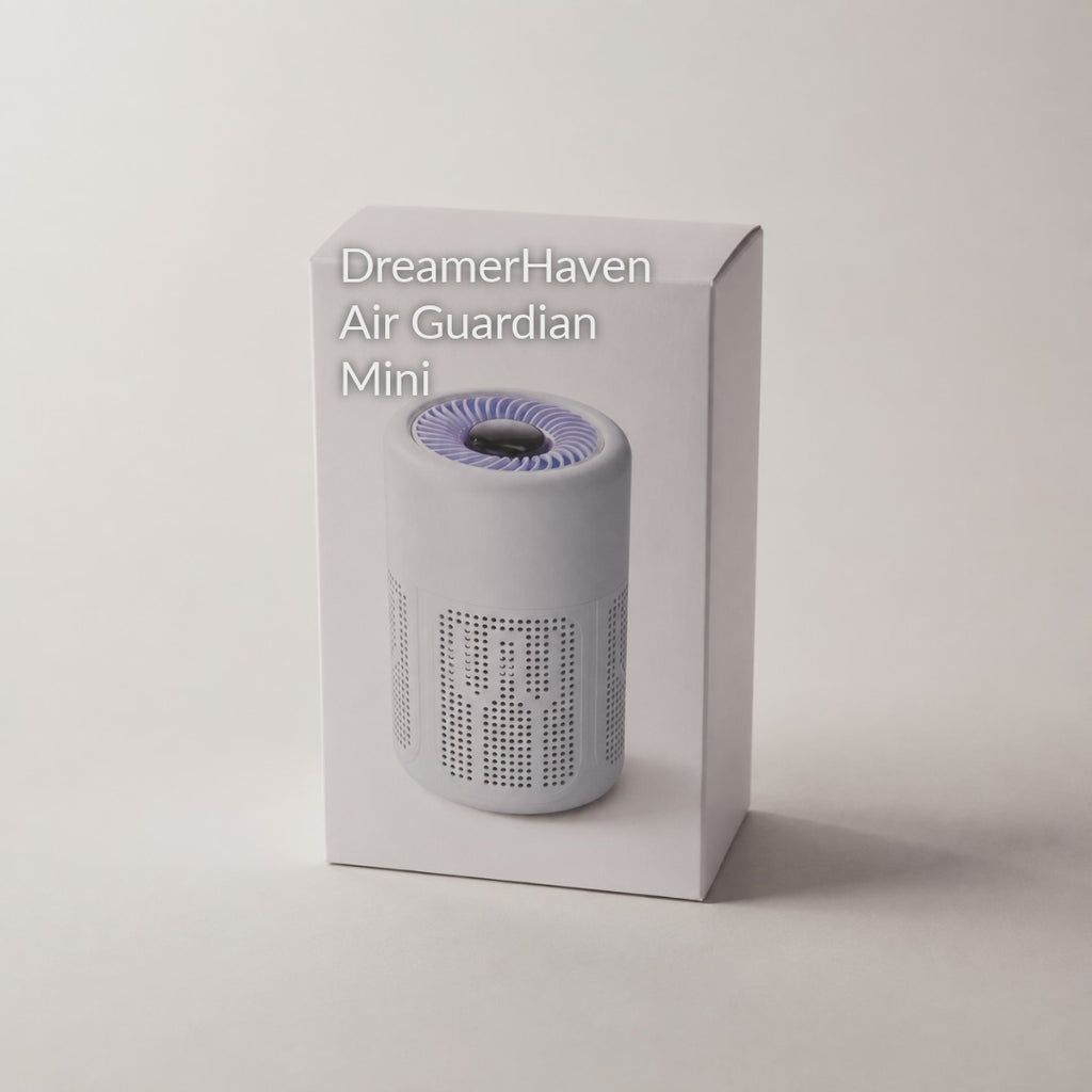 Unboxing the DreamerHaven Air Guardian Mini, showing the air purifier, HEPA filter element, USB Type-C cable, and aromatherapy sheet included in the pack